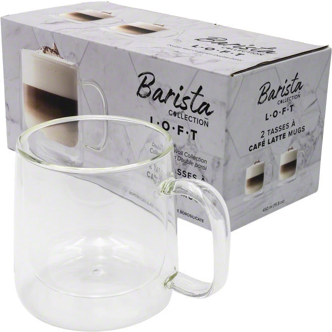 Safdie & Co. Barista Loft Cafe Latte Mugs - Double Wall – Set Of 2 – 450 Ml