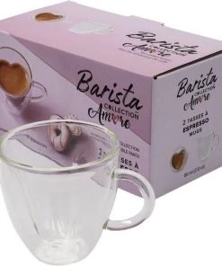 Safdie & Co. Barista Amore Espresso Mugs – Double Wall - Set Of 2 - 80 Ml