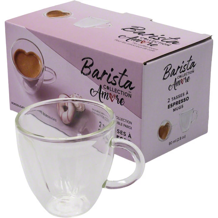 Safdie & Co. Barista Amore Espresso Mugs – Double Wall - Set Of 2 - 80 Ml